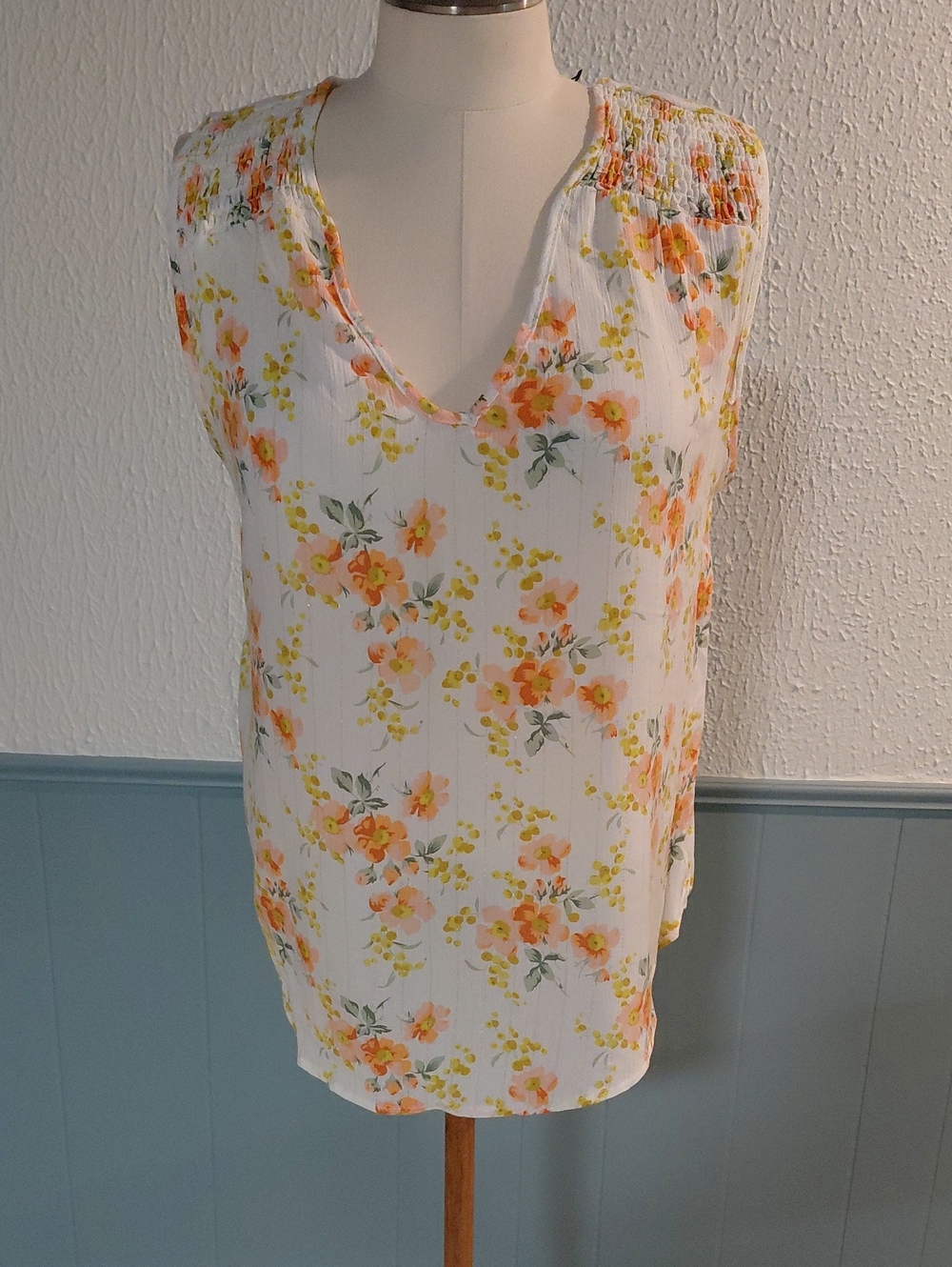 Floral White Sleeveless V-Neck Camisole with Orange & Yellow Blooms